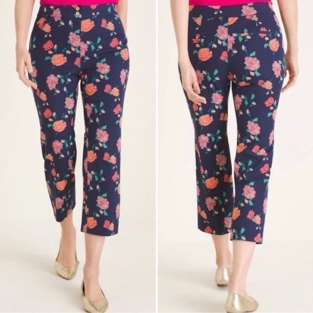 Chicos Pants Womens 14 Floral Secret Stretch Straight Leg Crop Colorful Cottage